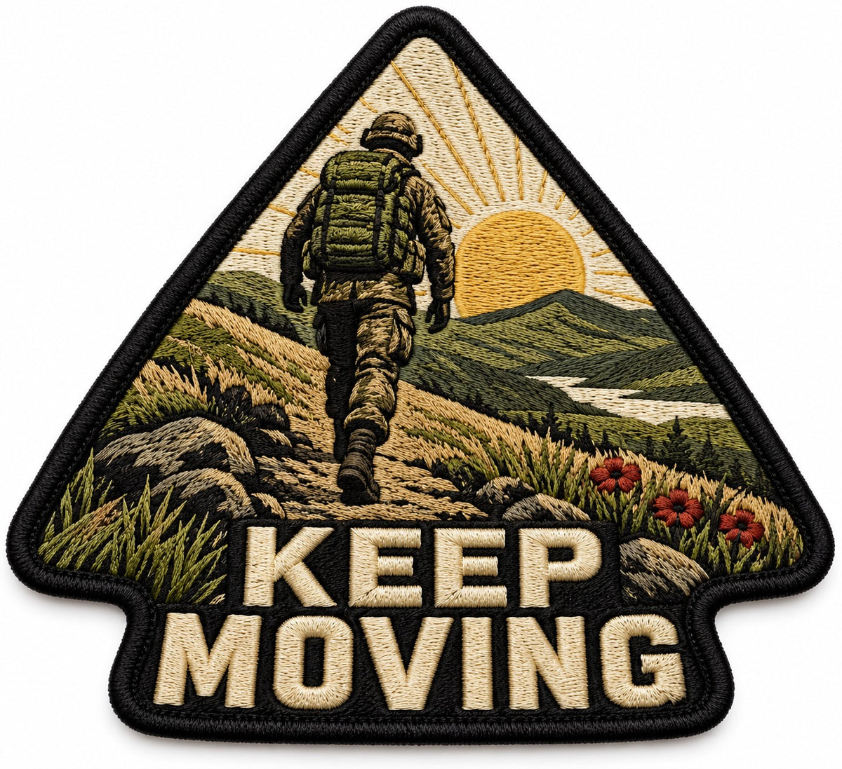 Keep Moving embroidered patch design preview – 110mm longest edge