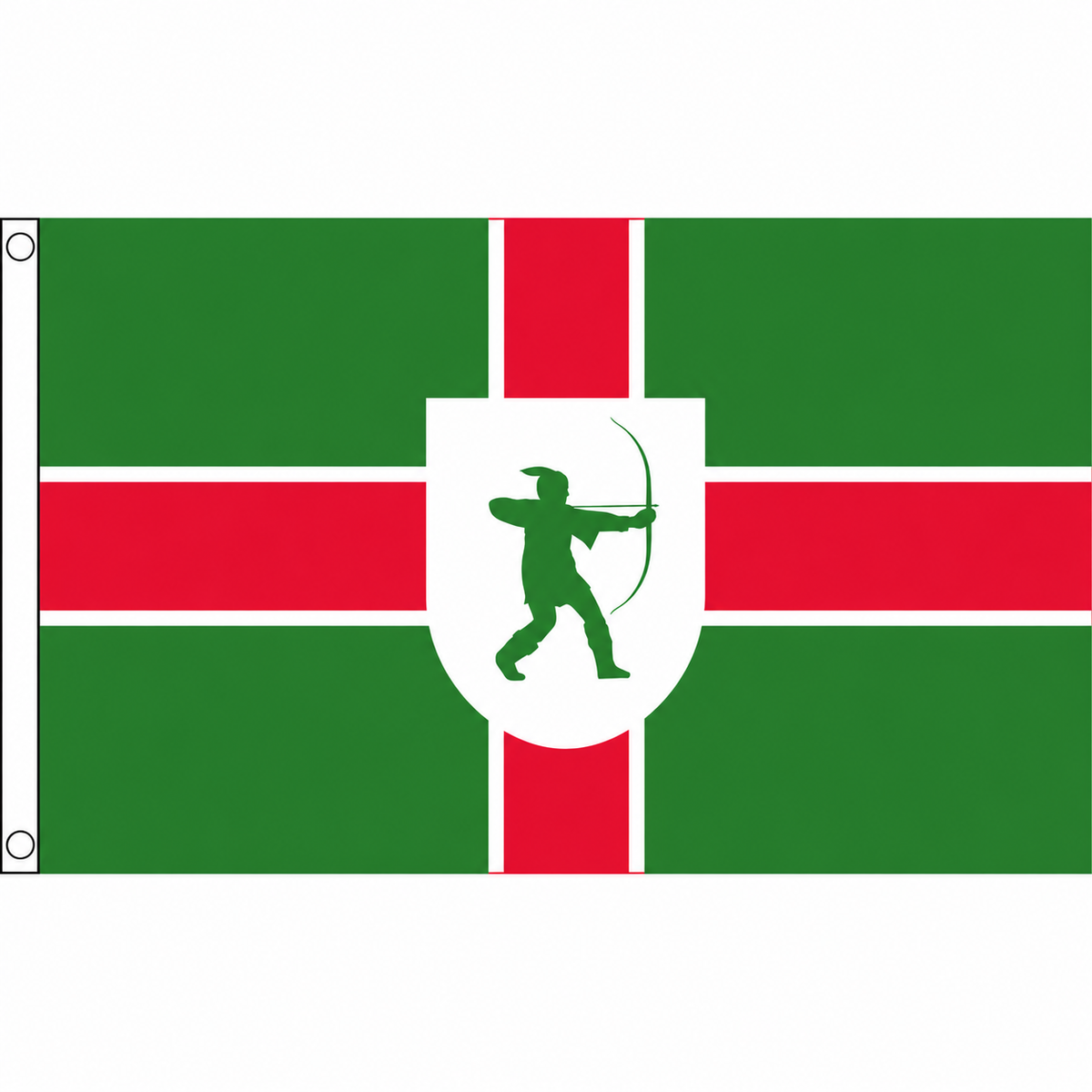 Nottinghamshire new county flag with red and white cross on green and central Robin Hood shield, 5ft x 3ft
