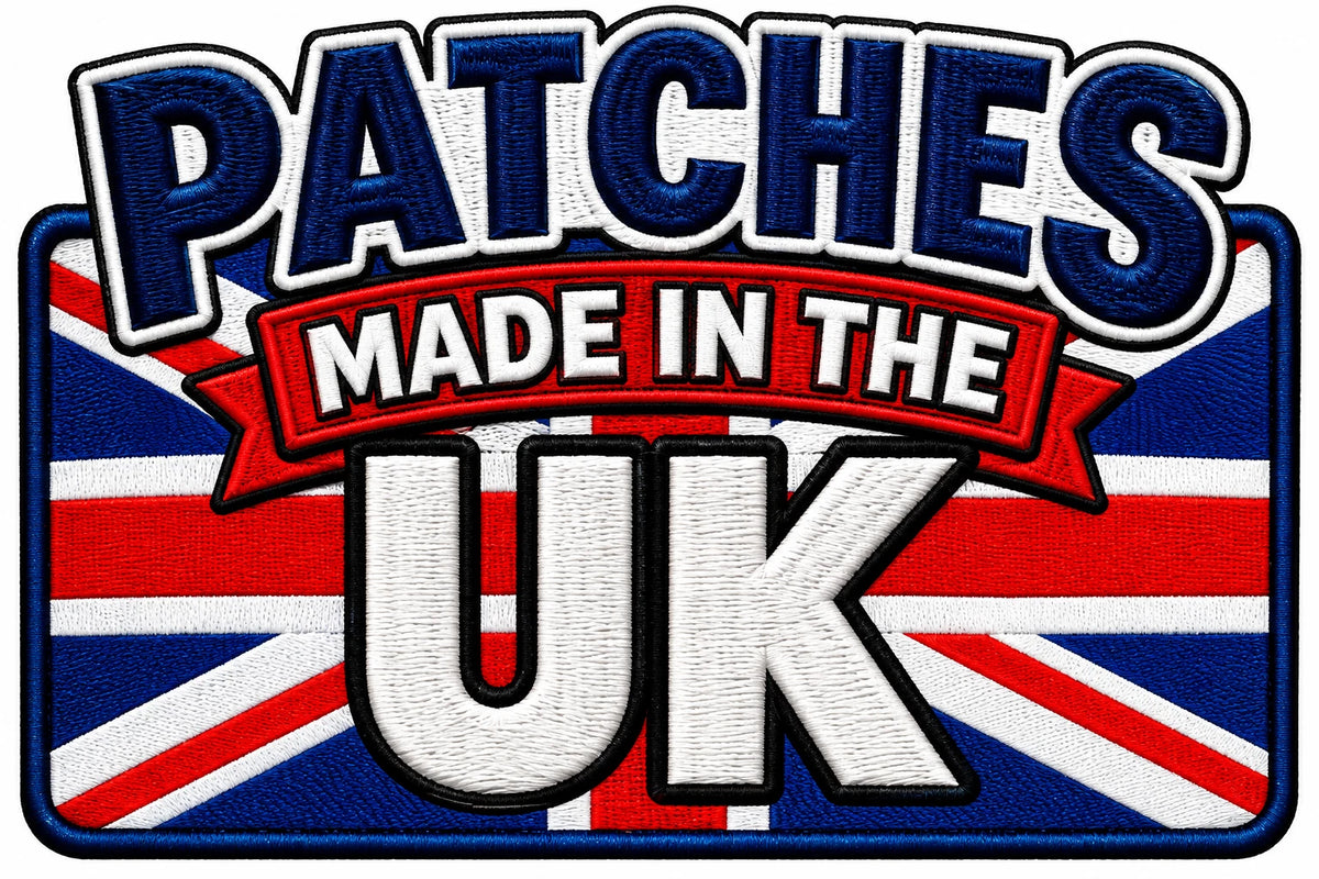 Patches Made in the UK wording over a Union Jack in an embroidered style