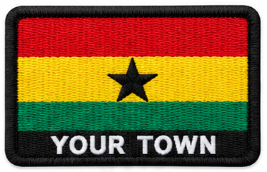 Personalised Ghana embroidered flag patch with example YOUR TOWN text