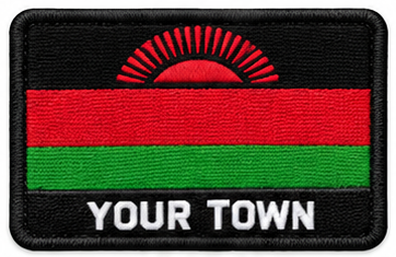 Personalised Malawi embroidered flag patch with example YOUR TOWN text