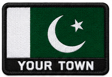 Personalised Pakistan embroidered flag patch with example YOUR TOWN text