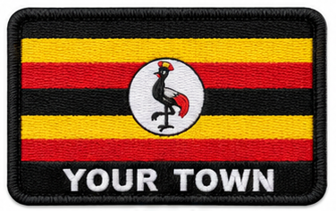 Personalised Uganda embroidered flag patch with example YOUR TOWN text