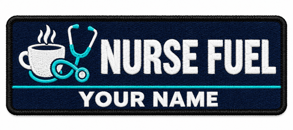 Nurse Fuel personalised medical embroidered patch, name along the bottom, 90 x 40mm