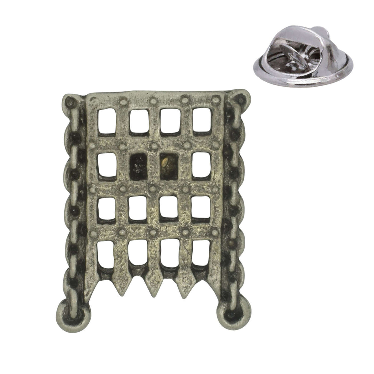 Medieval portcullis iron gate antique silver-tone pewter lapel pin badge with butterfly clutch fastening
