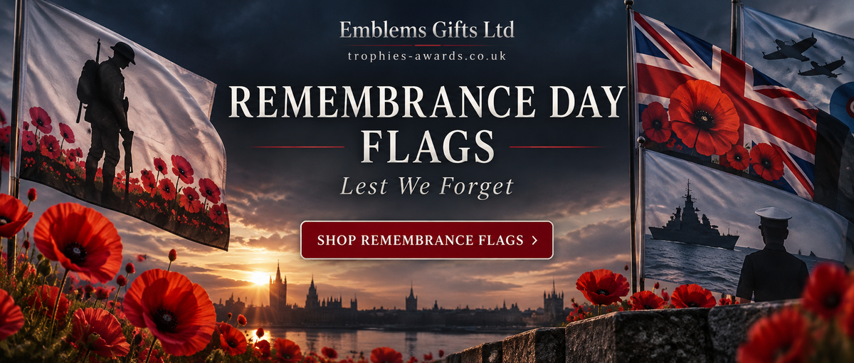 Remembrance Day flags, poppies and Lest We Forget homepage banner