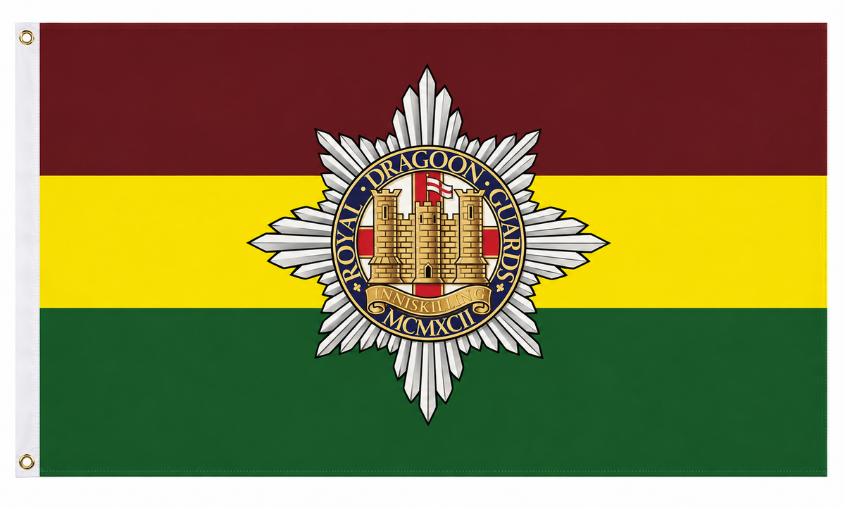 Royal Dragoon Guards flag with regimental emblem on maroon, yellow and green bands