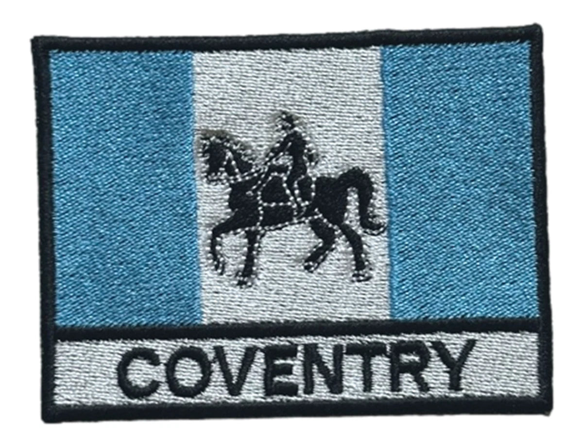 Coventry embroidered patch featuring the Coventry city flag with the Lady Godiva horse emblem, suitable for iron-on or sew-on application.