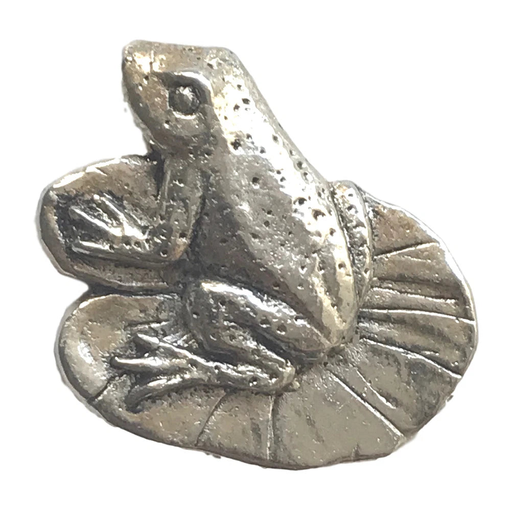 Detailed pewter frog pin badge with butterfly clutch fastening