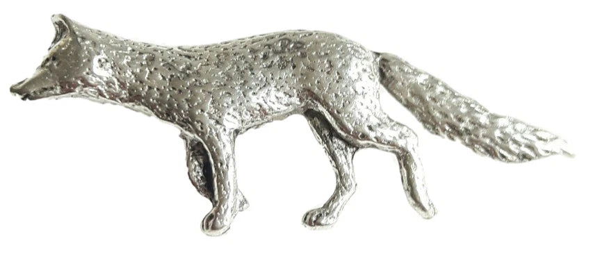 Detailed pewter fox pin badge with butterfly clutch fastening on a white background.
