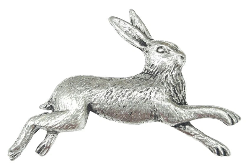 Detailed pewter leaping hare pin badge with butterfly clutch fastening on a white background.