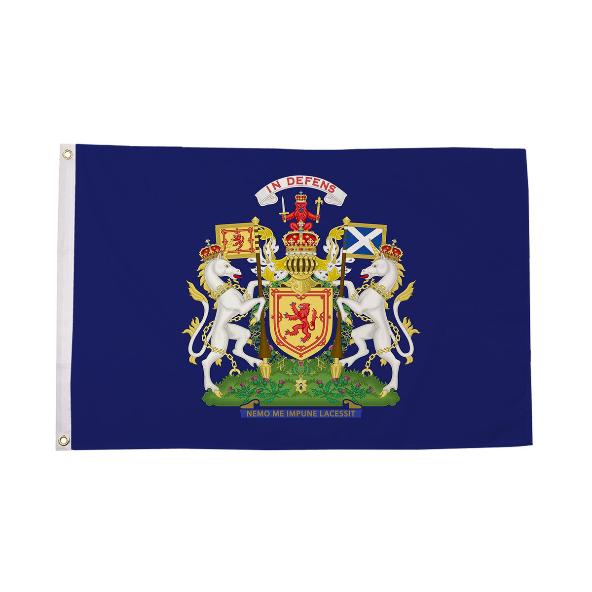 Scotland Jacobite flag with Scottish arms and unicorns on blue centred on white