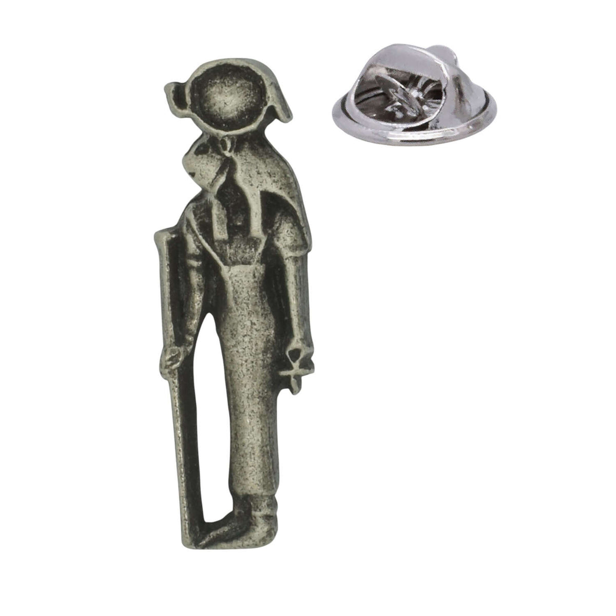 Sekhmet ancient Egyptian lioness-headed goddess pewter lapel pin badge with staff and butterfly clutch fastening