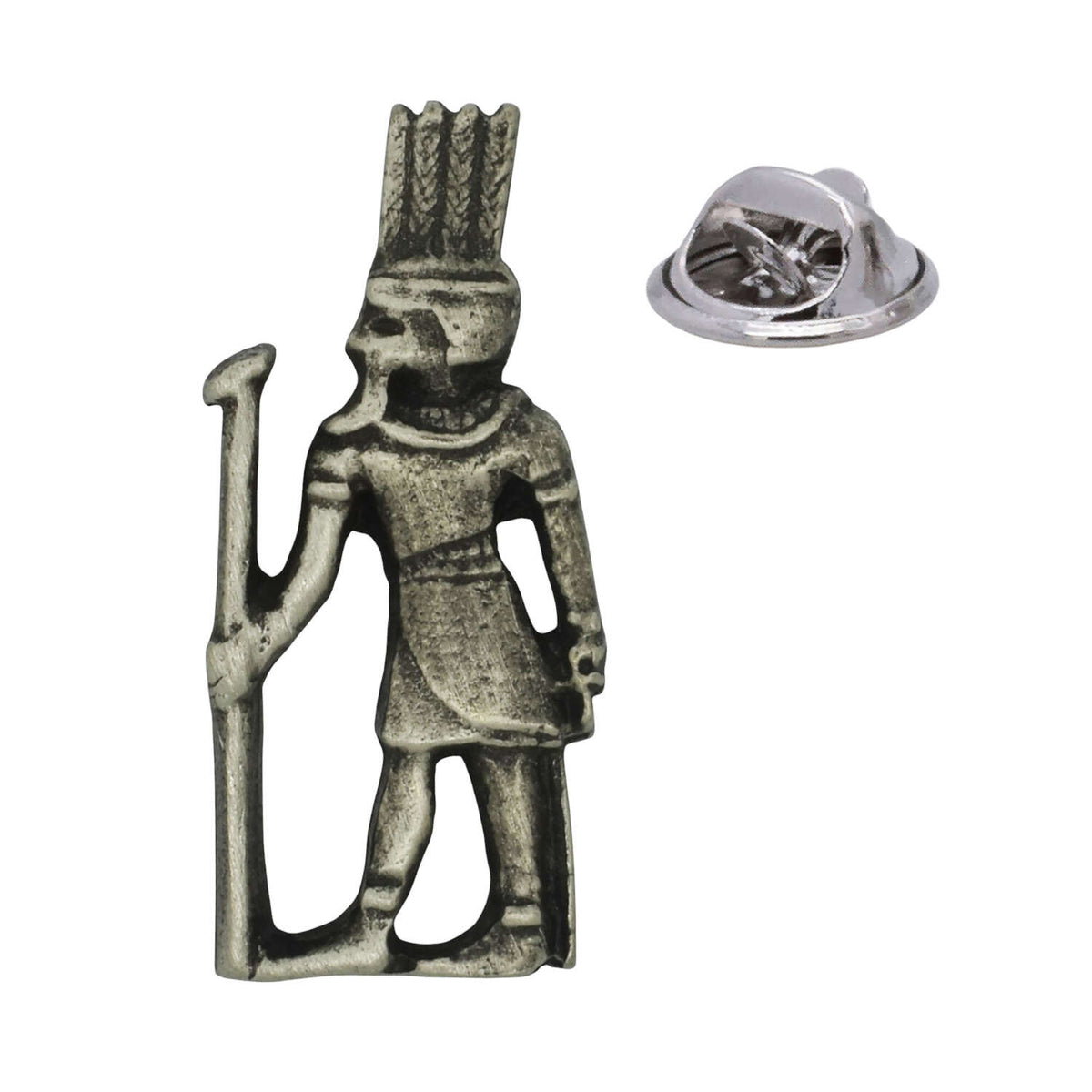 Shu ancient Egyptian god pewter lapel pin badge with staff and butterfly clutch fastening