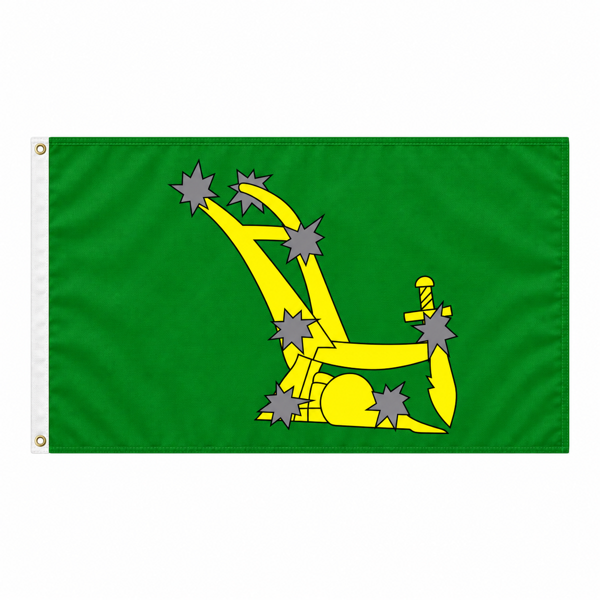 Starry Plough Green flag with yellow plough and seven grey stars on green background