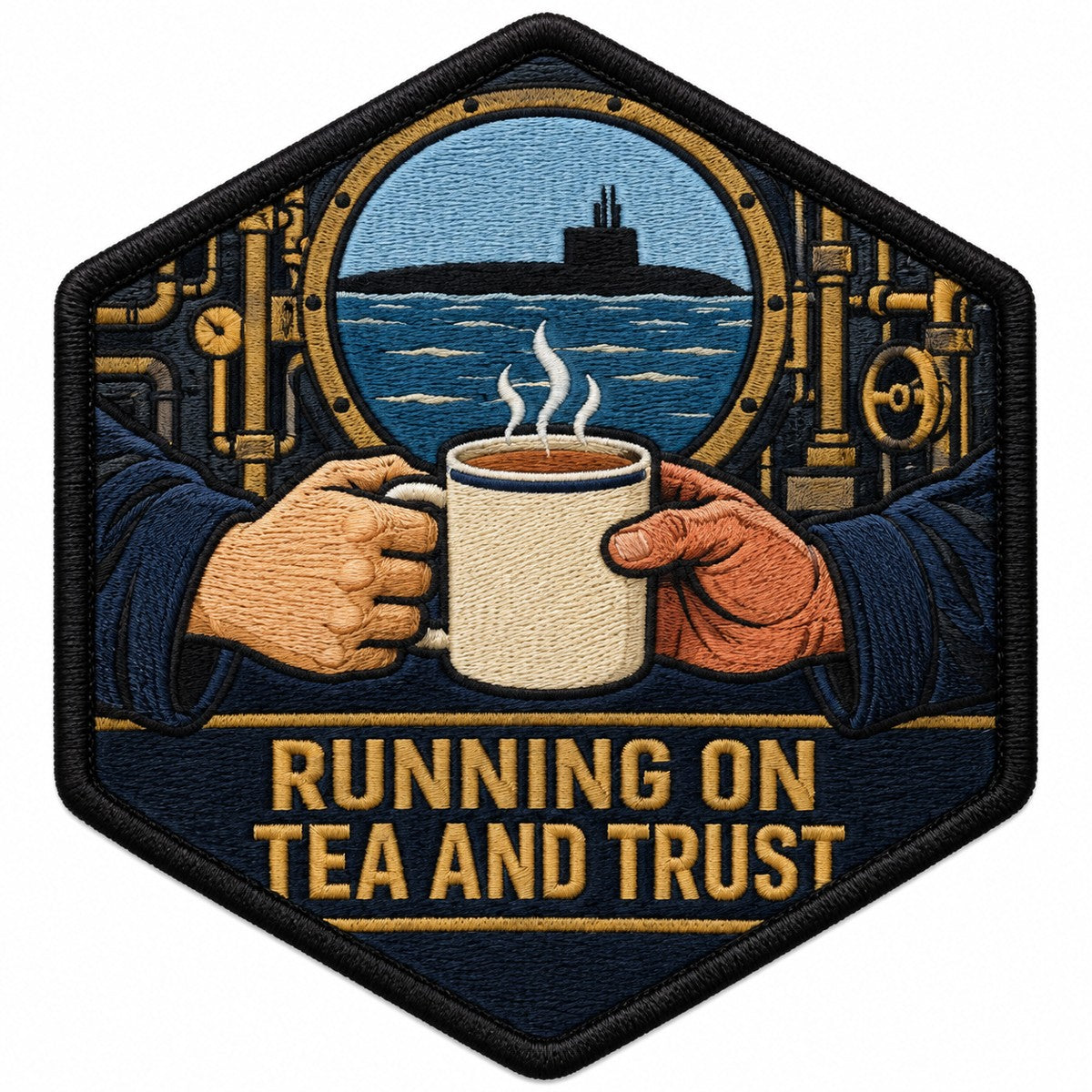 Running On Tea And Trust embroidered patch design preview - 120mm