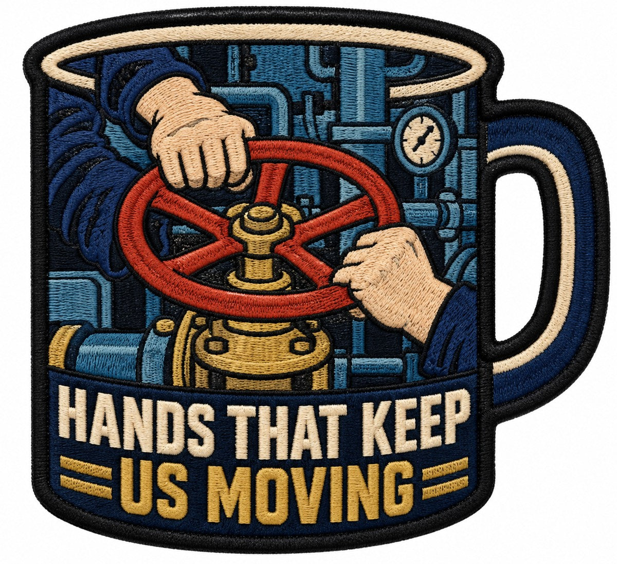 Hands That Keep Us Moving embroidered patch design preview - 130mm