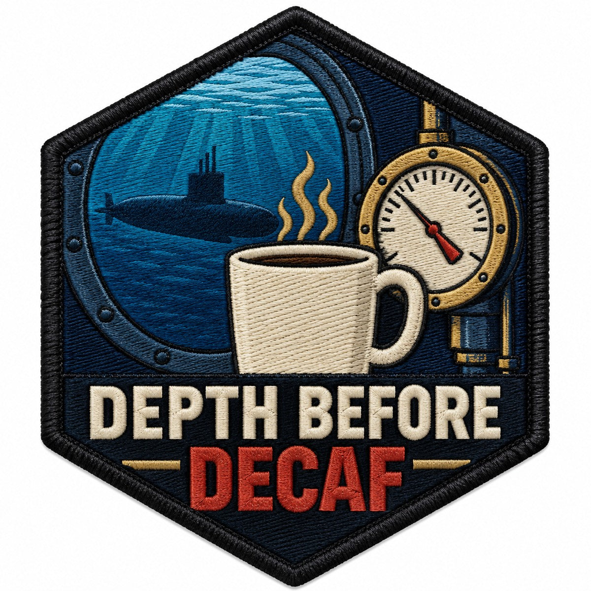 Depth Before Decaf embroidered patch design preview - 110mm