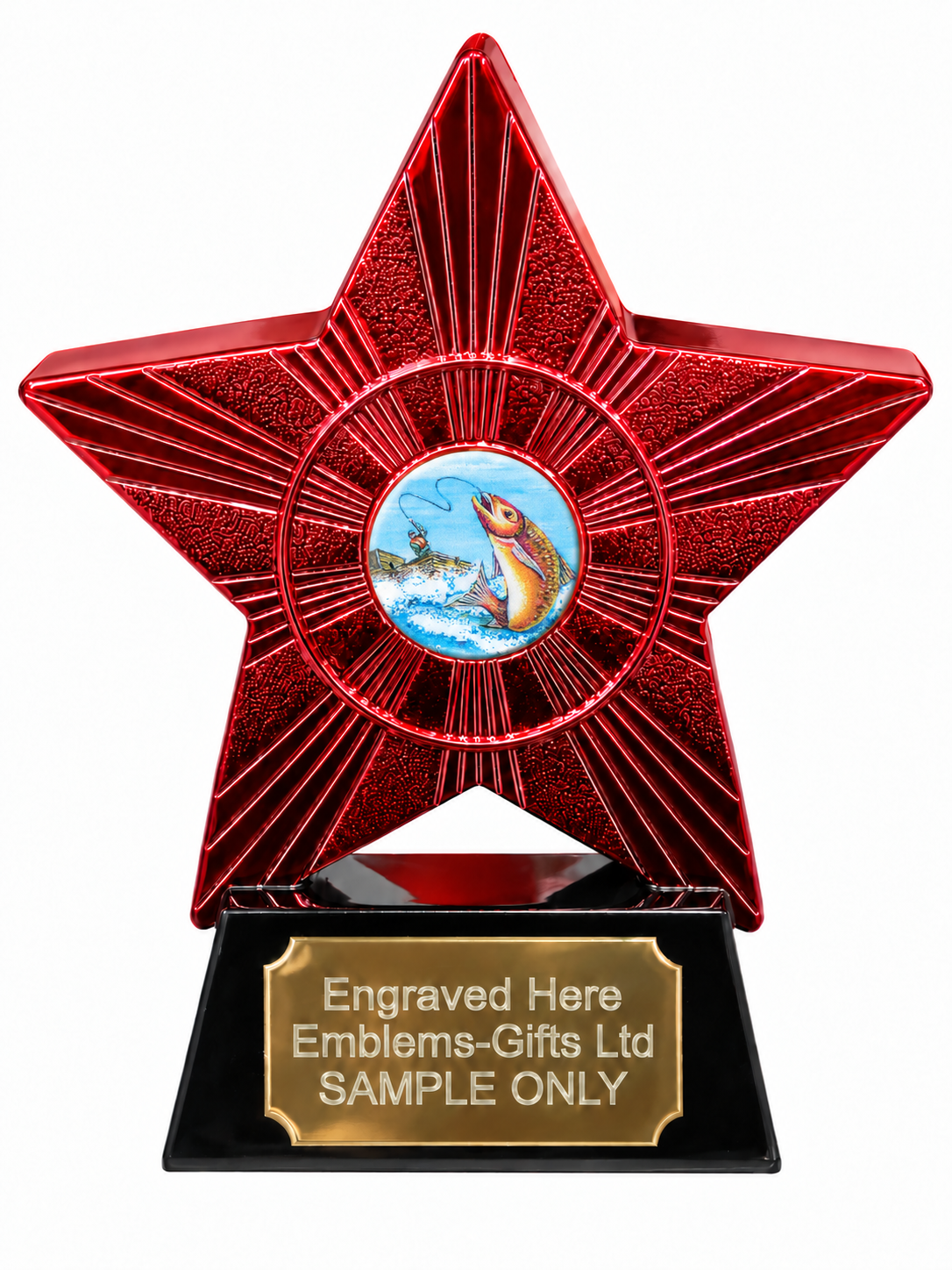 Red Superstar Fishing Colour Resin Trophy 140 x 125mm (A1) with small Fishing Colour centre
