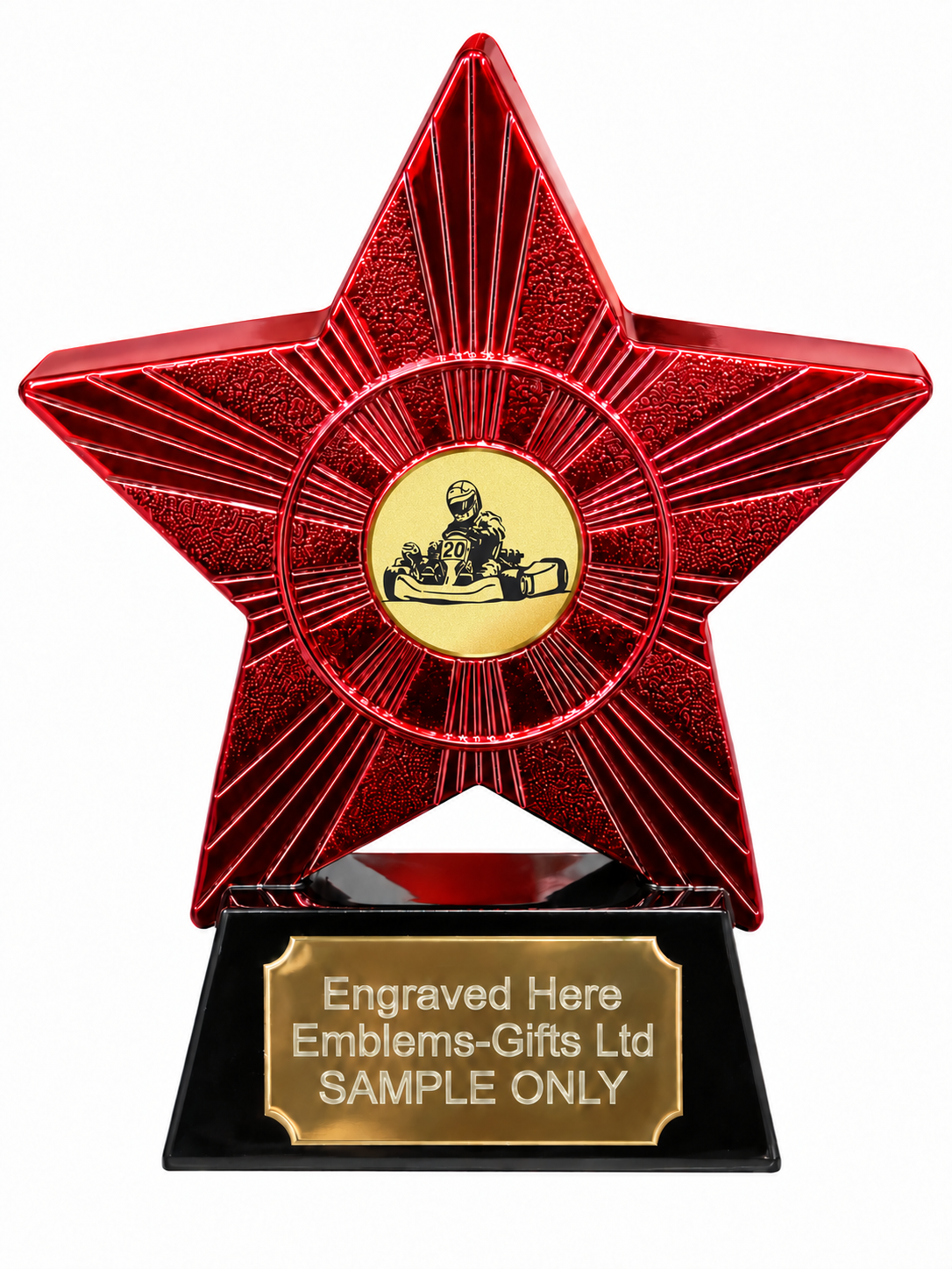 Red Superstar Go Kart Driver Gold Resin Trophy 140 x 125mm (A1) with small Go Kart Driver Gold centre