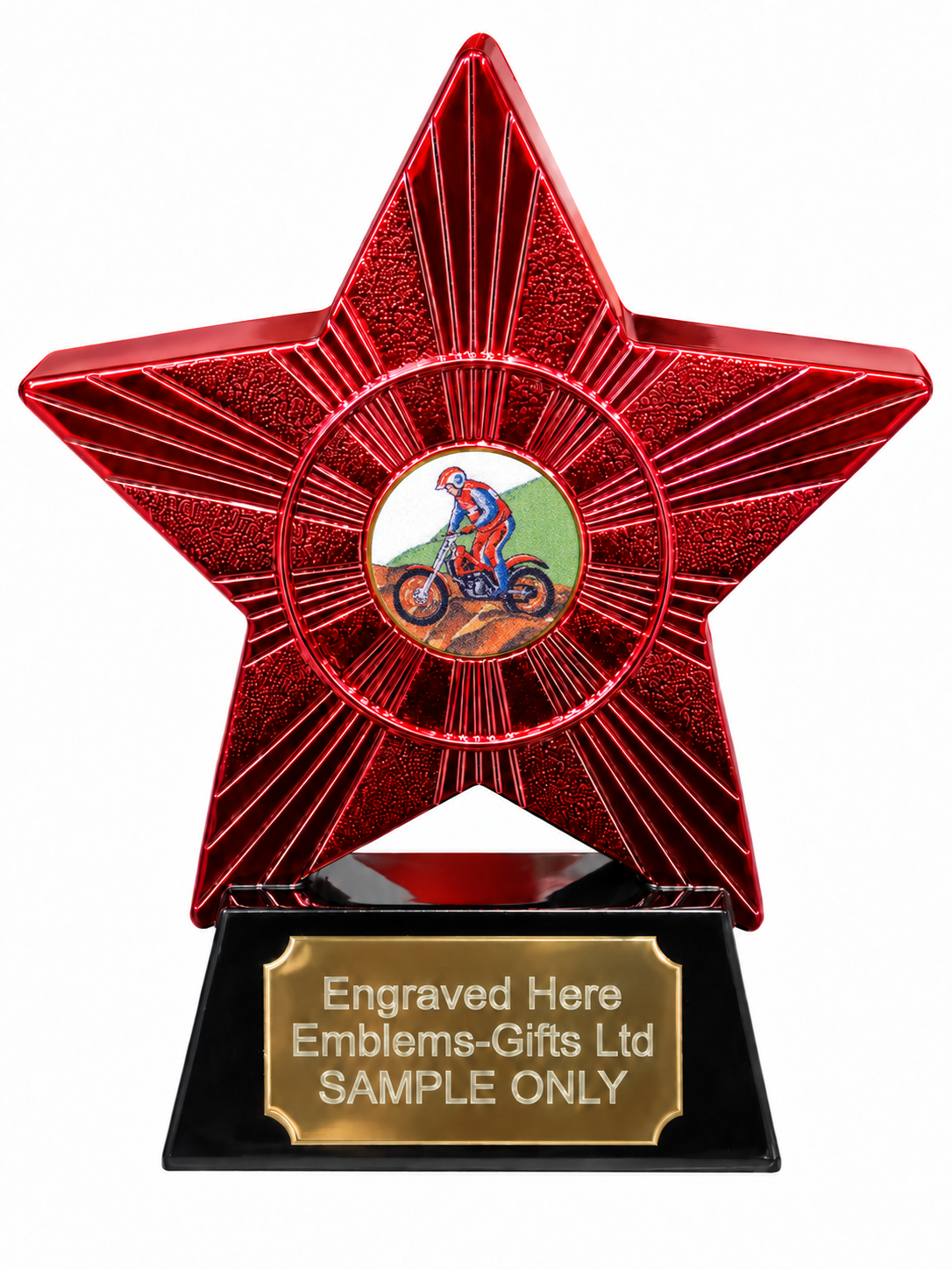 Red Superstar Motorcycle Trials Colour Resin Trophy 140 x 125mm (A1) with small Motorcycle Trials Colour centre