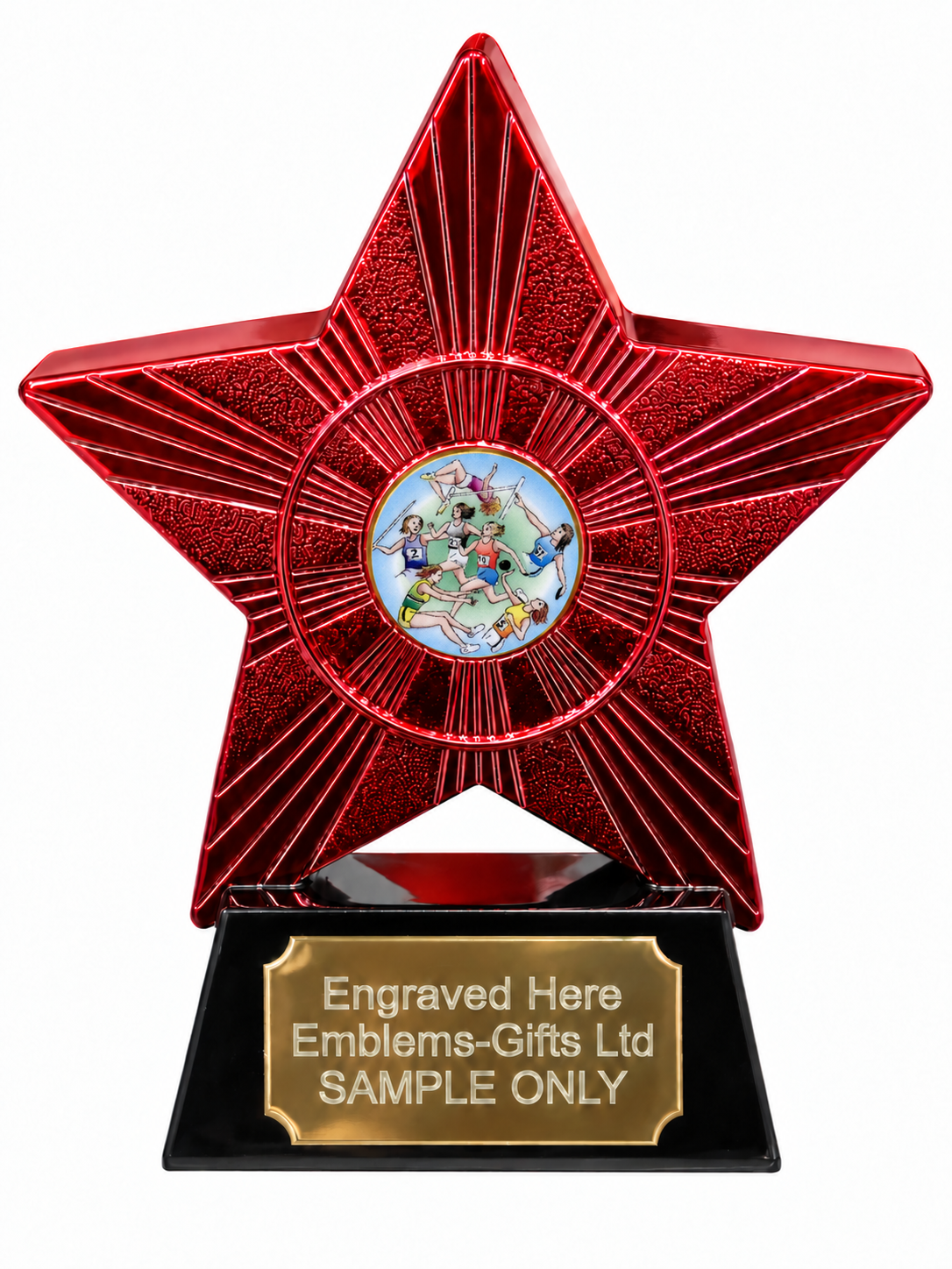 Red Superstar Female Athletics Resin Trophy 140 x 125mm (A1) with small Female Athletics centre