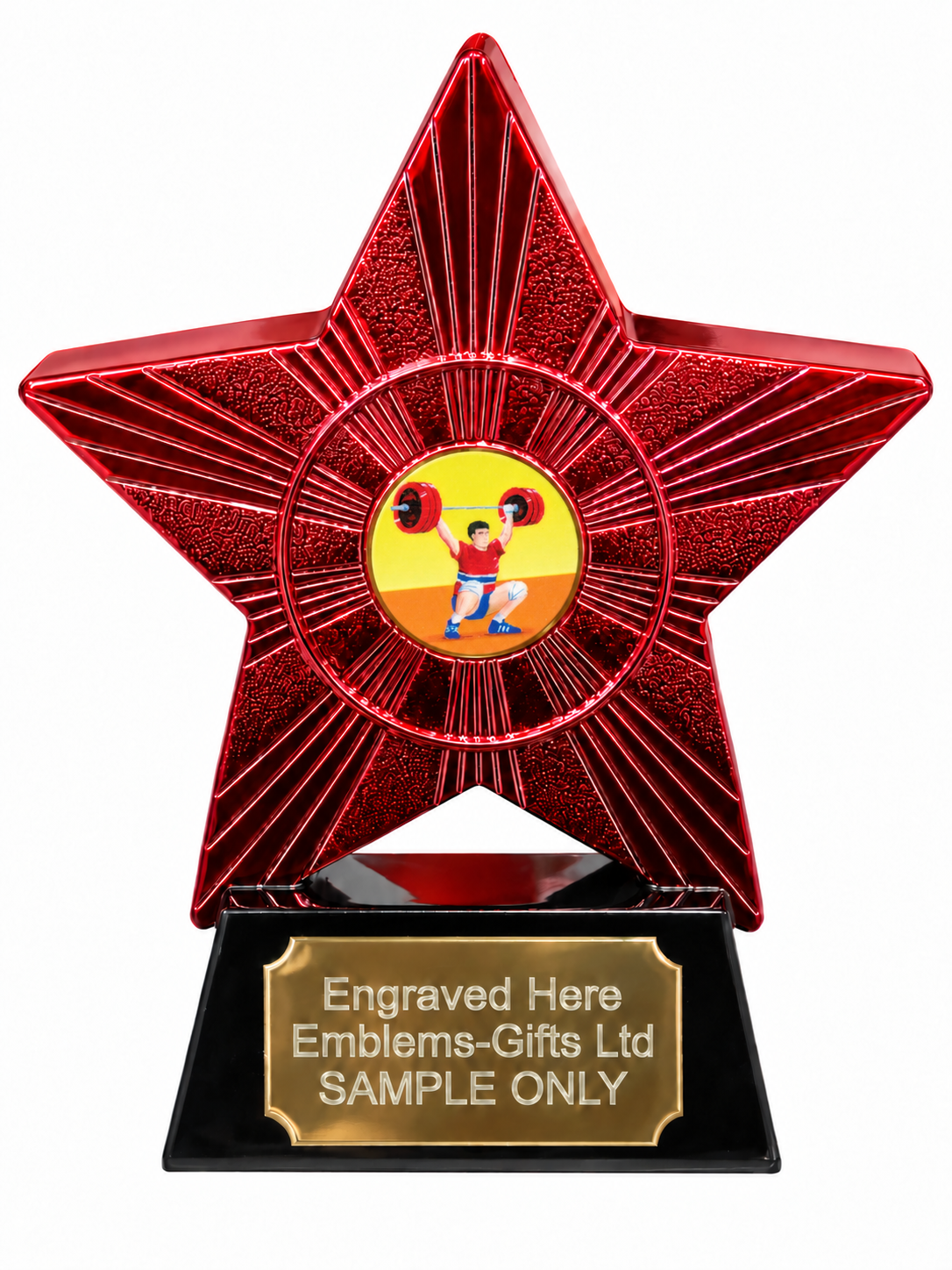 Red Superstar Weightlifting Overhead Resin Trophy 140 x 125mm (A1) with small Weightlifting Overhead centre