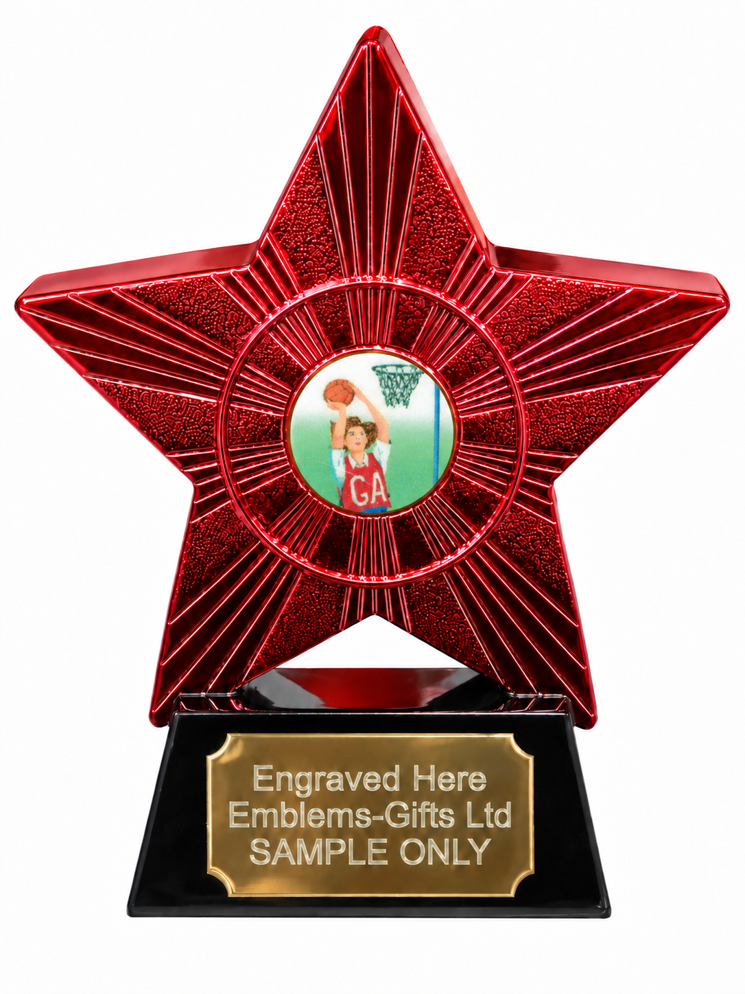 Red Superstar Netball Goal Attack Resin Trophy 140 x 125mm (A1) with small Netball Goal Attack centre