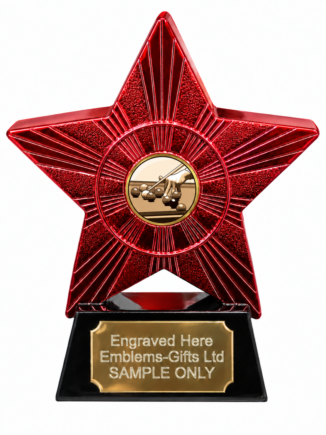 Red Superstar Snooker Cue Shot Resin Trophy 140 x 125mm (A1) with small Snooker Cue Shot centre