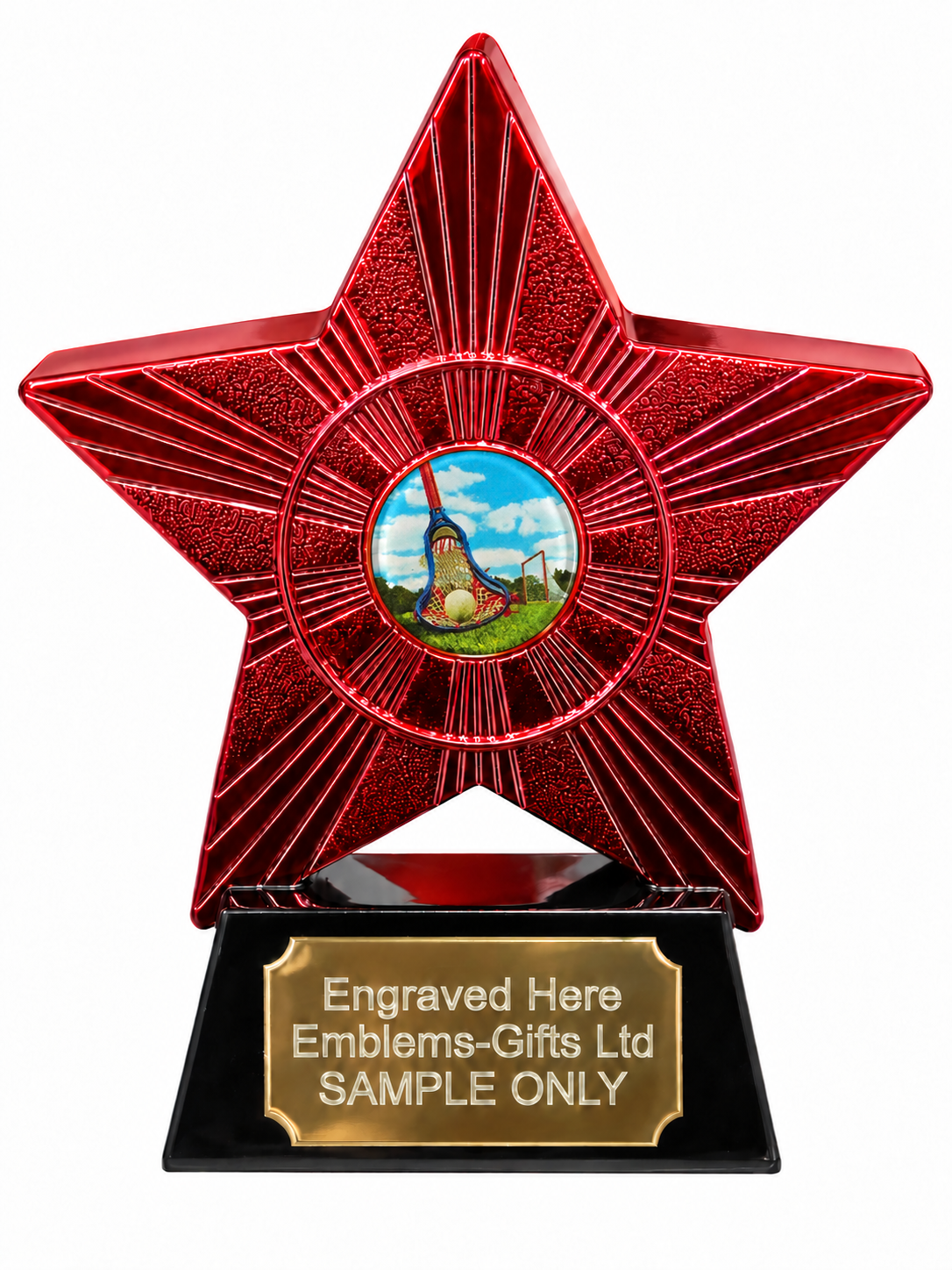 Red Superstar Lacrosse Resin Trophy 140 x 125mm (A1) with small Lacrosse centre