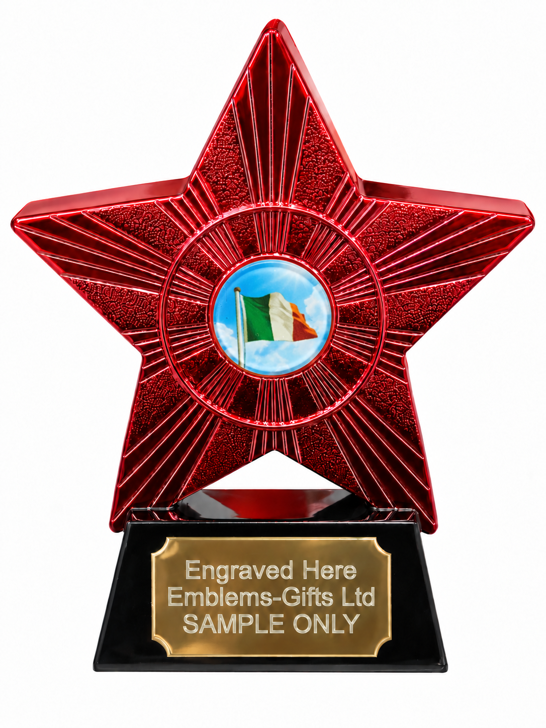 Red Superstar Ireland Flag Resin Trophy 140 x 125mm (A1) with small Ireland Flag centre
