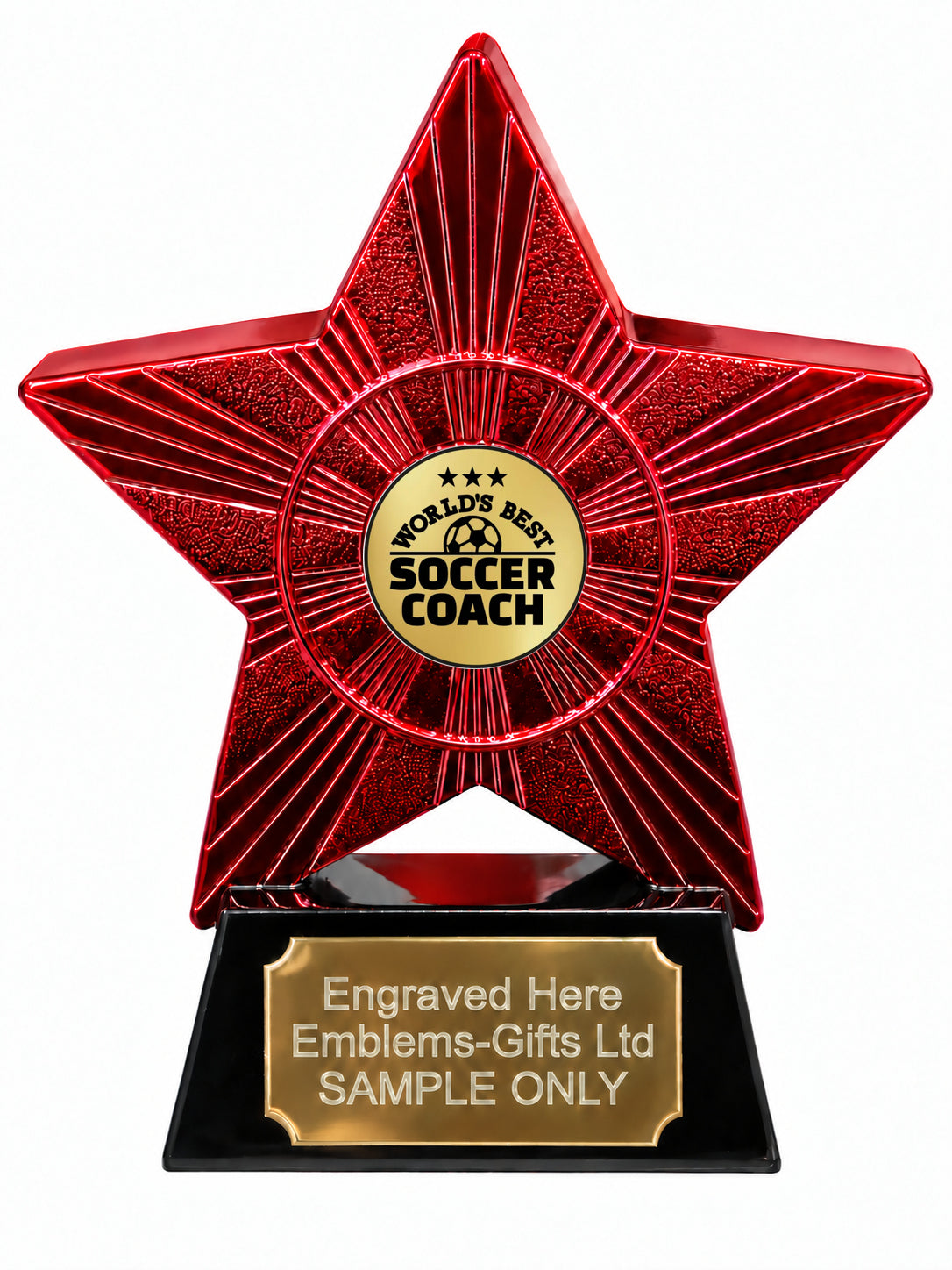 Red Superstar World's Best Soccer Coach Resin Trophy 140 x 125mm (A15)