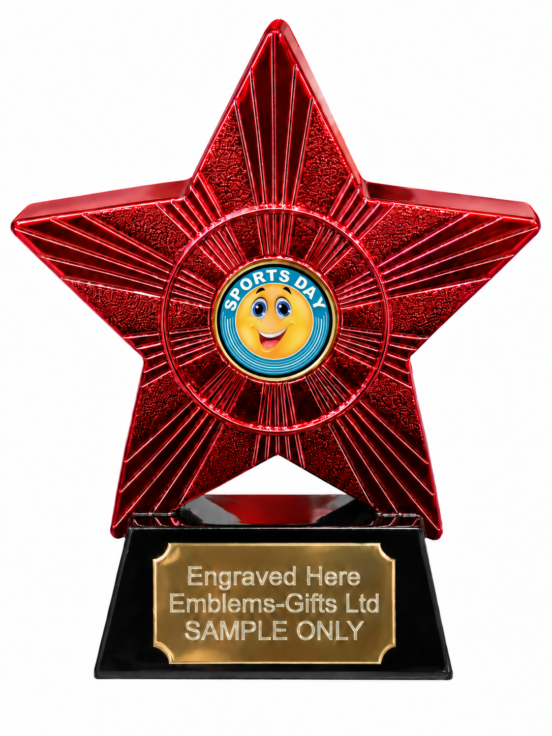 Red Superstar Sports Day Grinning Resin Trophy 140 x 125mm (A2) with small sports day grinning centre