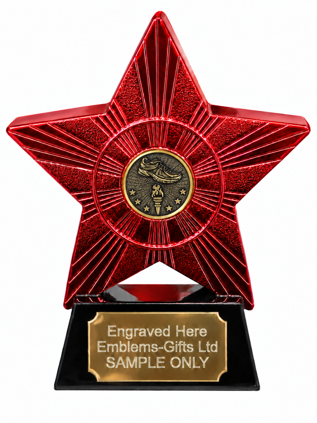 Red Superstar Athletics Shoes and Torch Bronze Resin Trophy 140 x 125mm (A2) with small athletics shoes and torch bronze centre