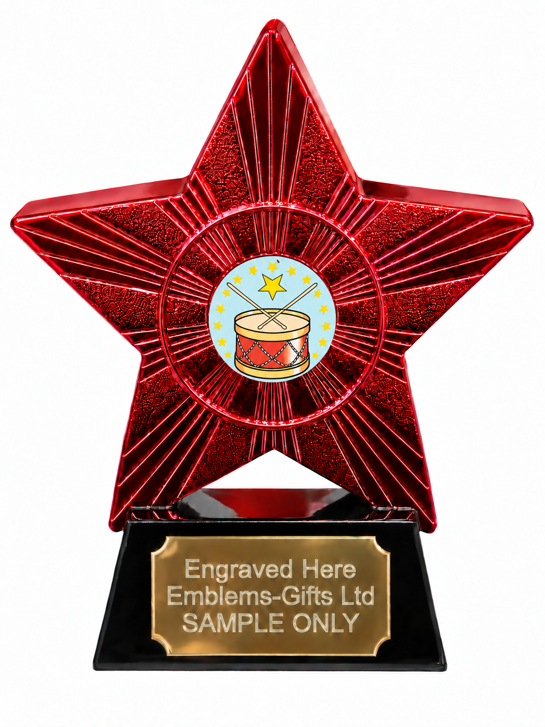 Red Superstar Drum and Drumsticks Resin Trophy 140 x 125mm (A4)