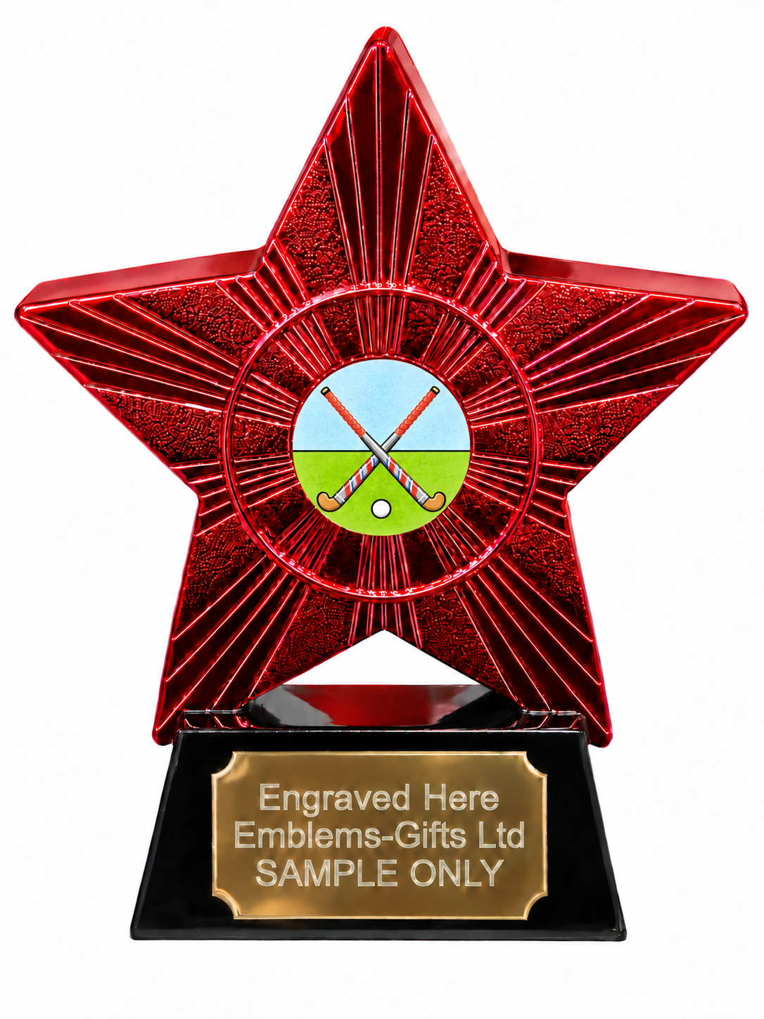 Red Superstar Crossed Hockey Sticks and Ball Resin Trophy 140 x 125mm (A4)