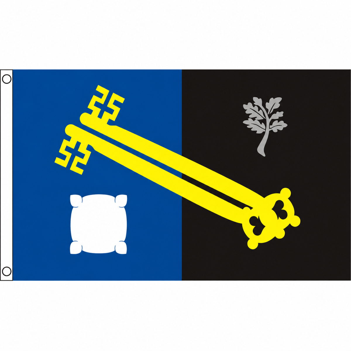 Surrey old county flag with gold keys, white woolpack and grey oak sprig on blue and black, 5ft x 3ft