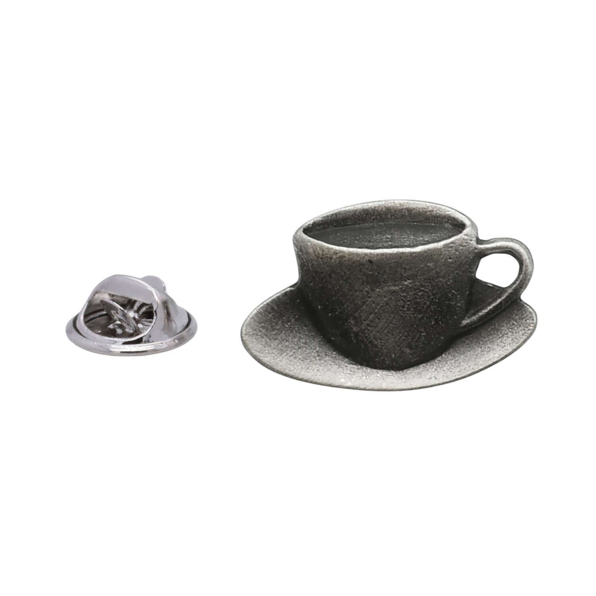 Pewter teacup and saucer lapel pin badge with butterfly clutch fastening
