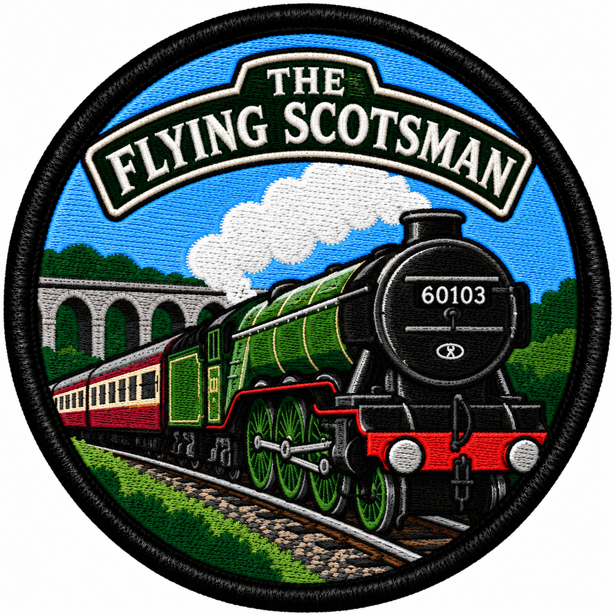 Round 80mm embroidered patch showing a green steam locomotive numbered 60103 pulling red and cream carriages, with a stone viaduct and THE FLYING SCOTSMAN lettering, finished with a black border.