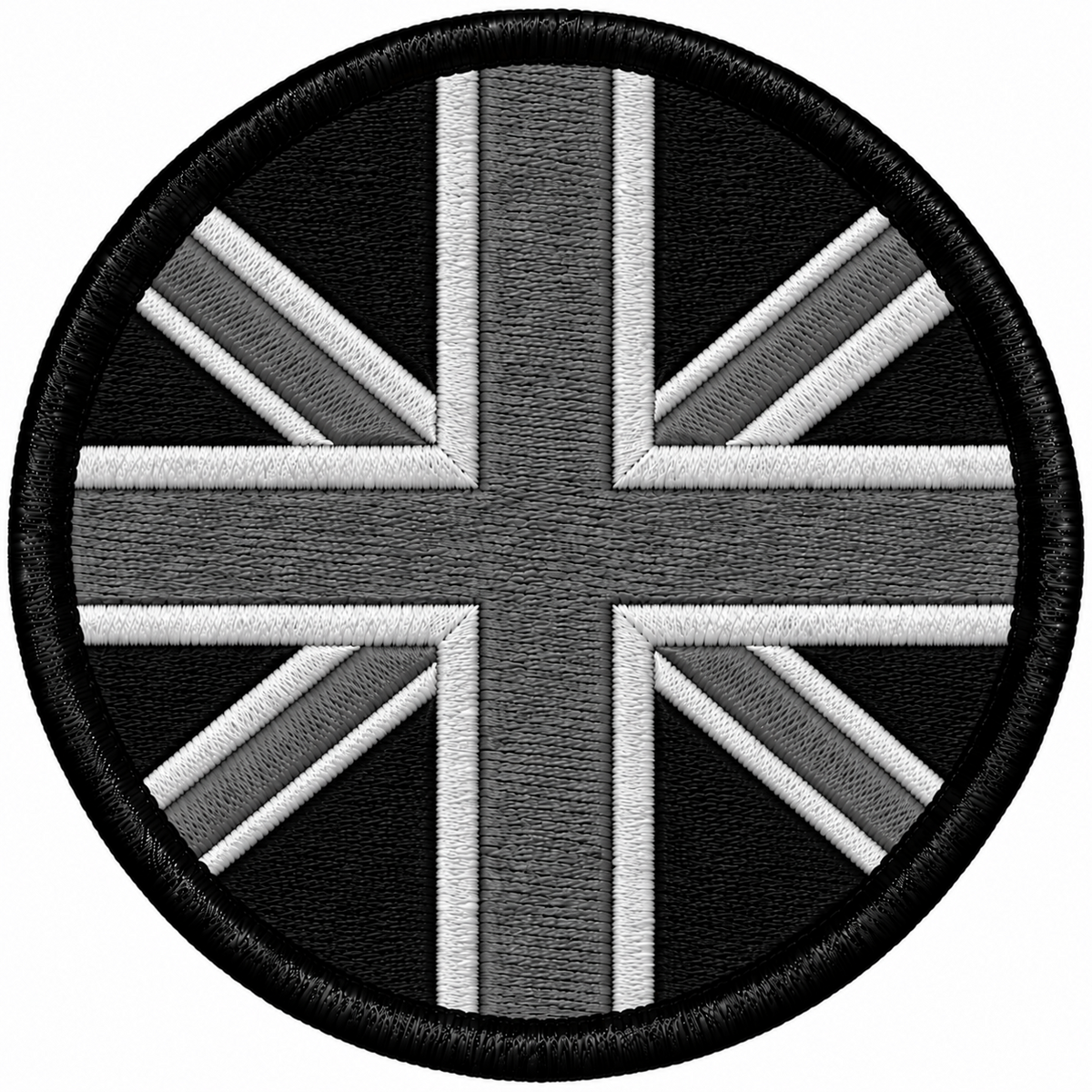 80mm round Union Jack embroidered patch in black grey & white with a thick black border