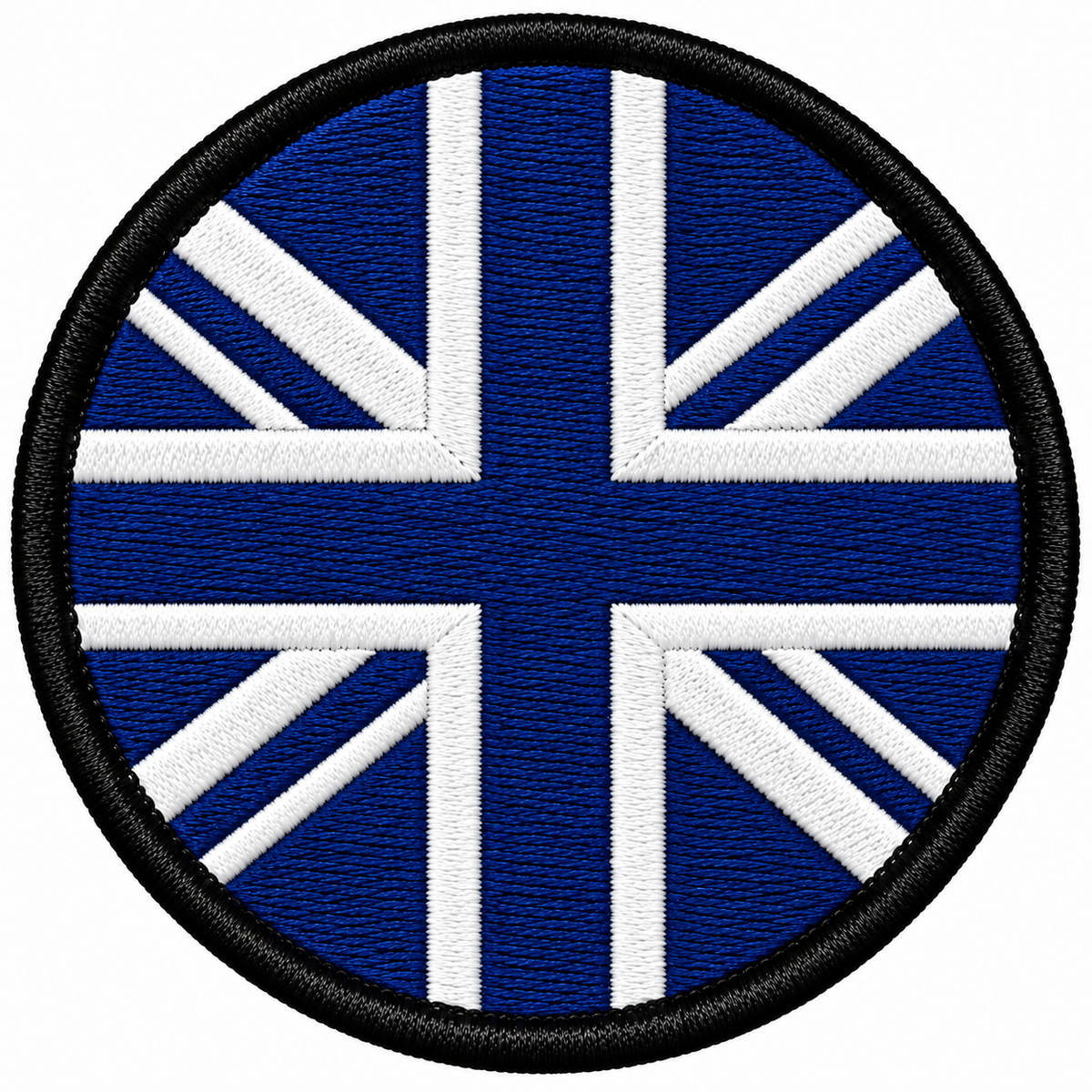 80mm round Union Jack embroidered patch in blue & white with a thick black border