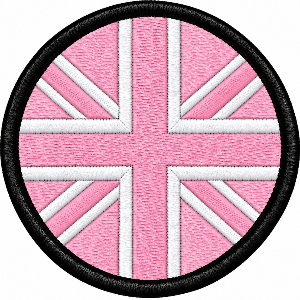 80mm round Union Jack embroidered patch in light pink & white with a thick black border