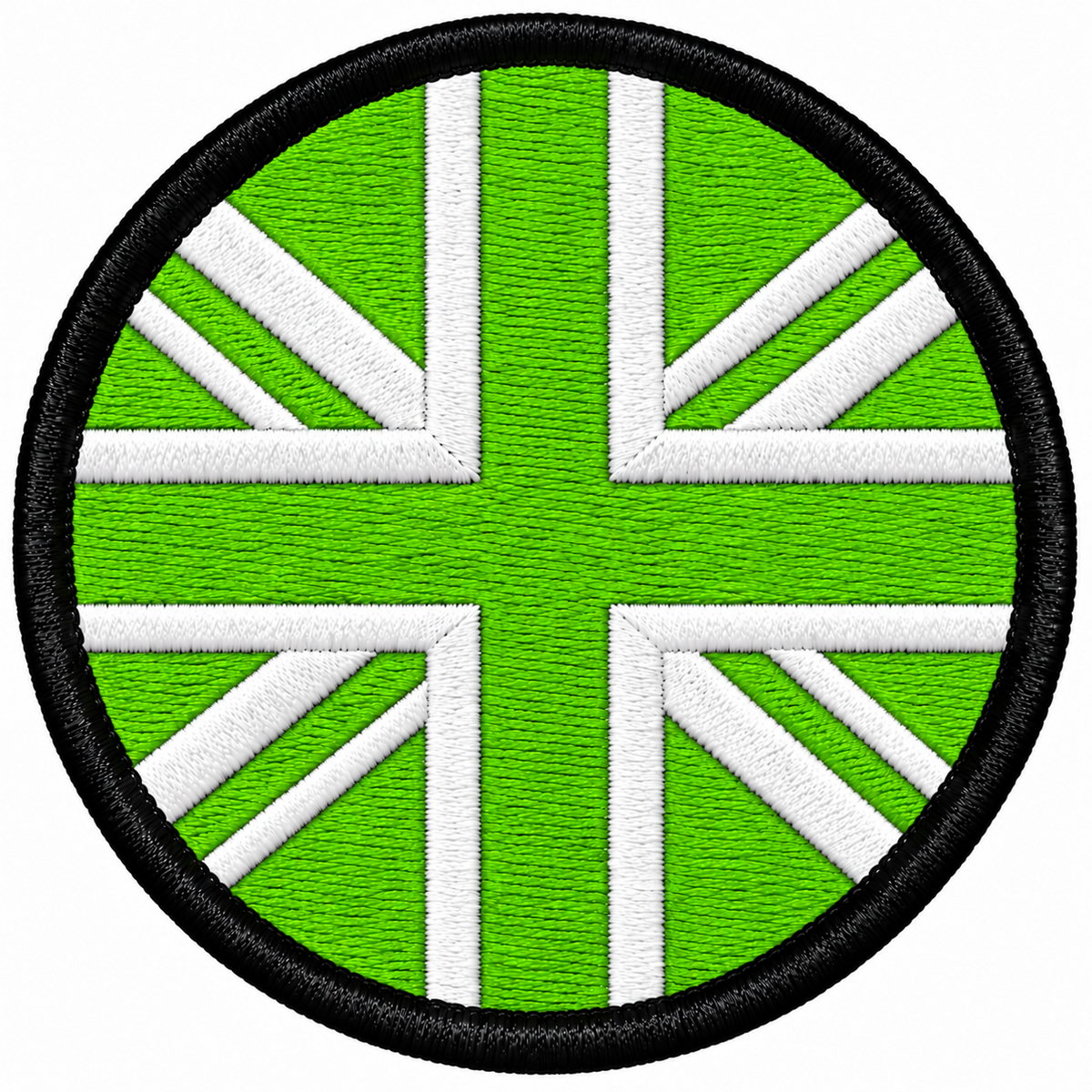 80mm round Union Jack embroidered patch in lime green & white with a thick black border