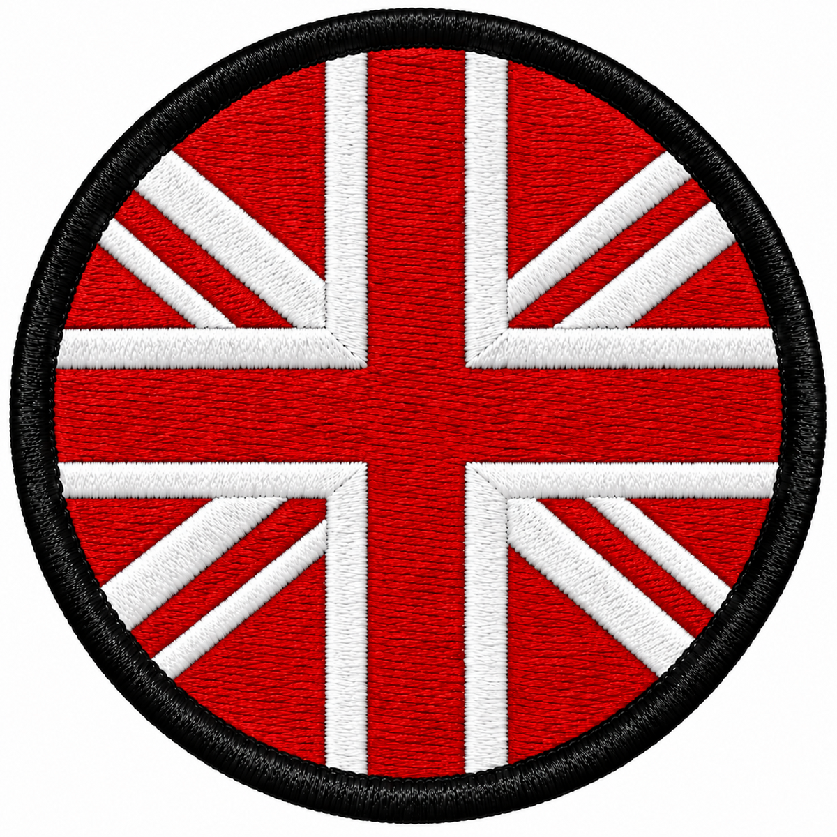 80mm round Union Jack embroidered patch in red & white with a thick black border
