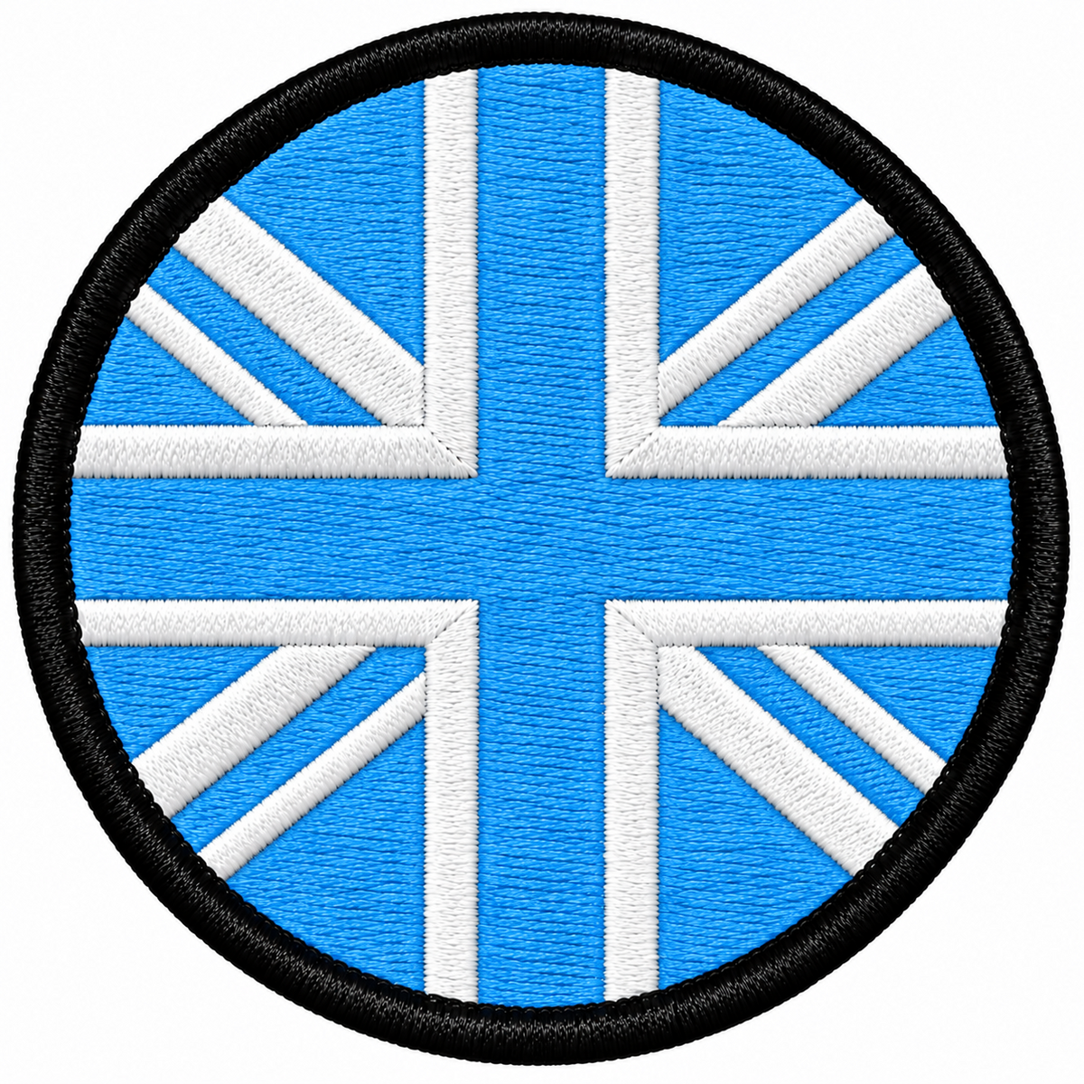 80mm round Union Jack embroidered patch in sky blue & white with a thick black border