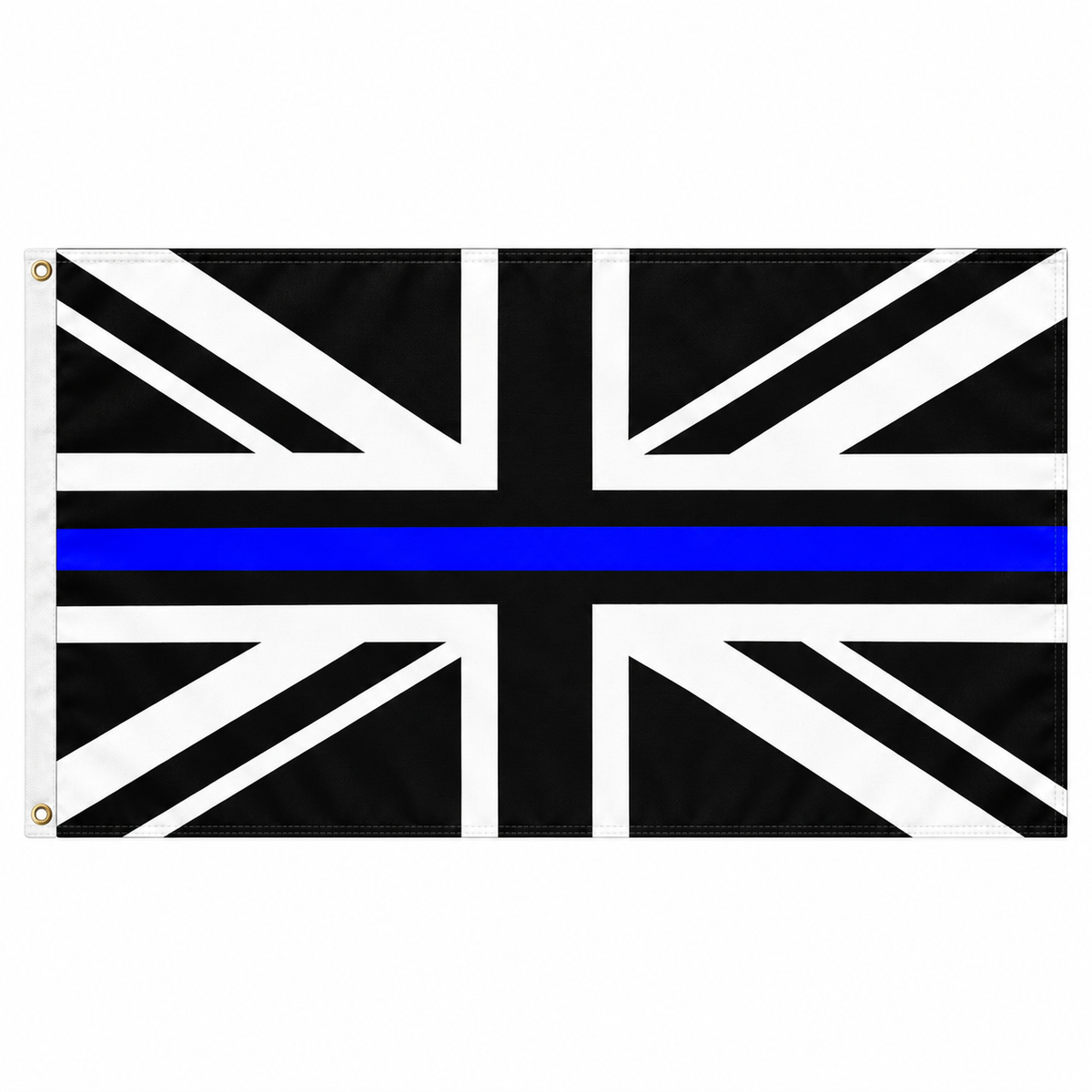 Black and white Union Jack flag with a thin blue horizontal line across the centre