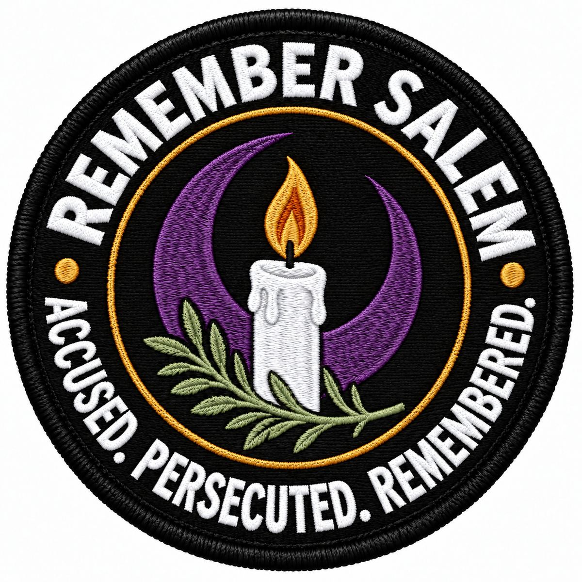 Remember Salem 80mm circular embroidered patch with white lettering