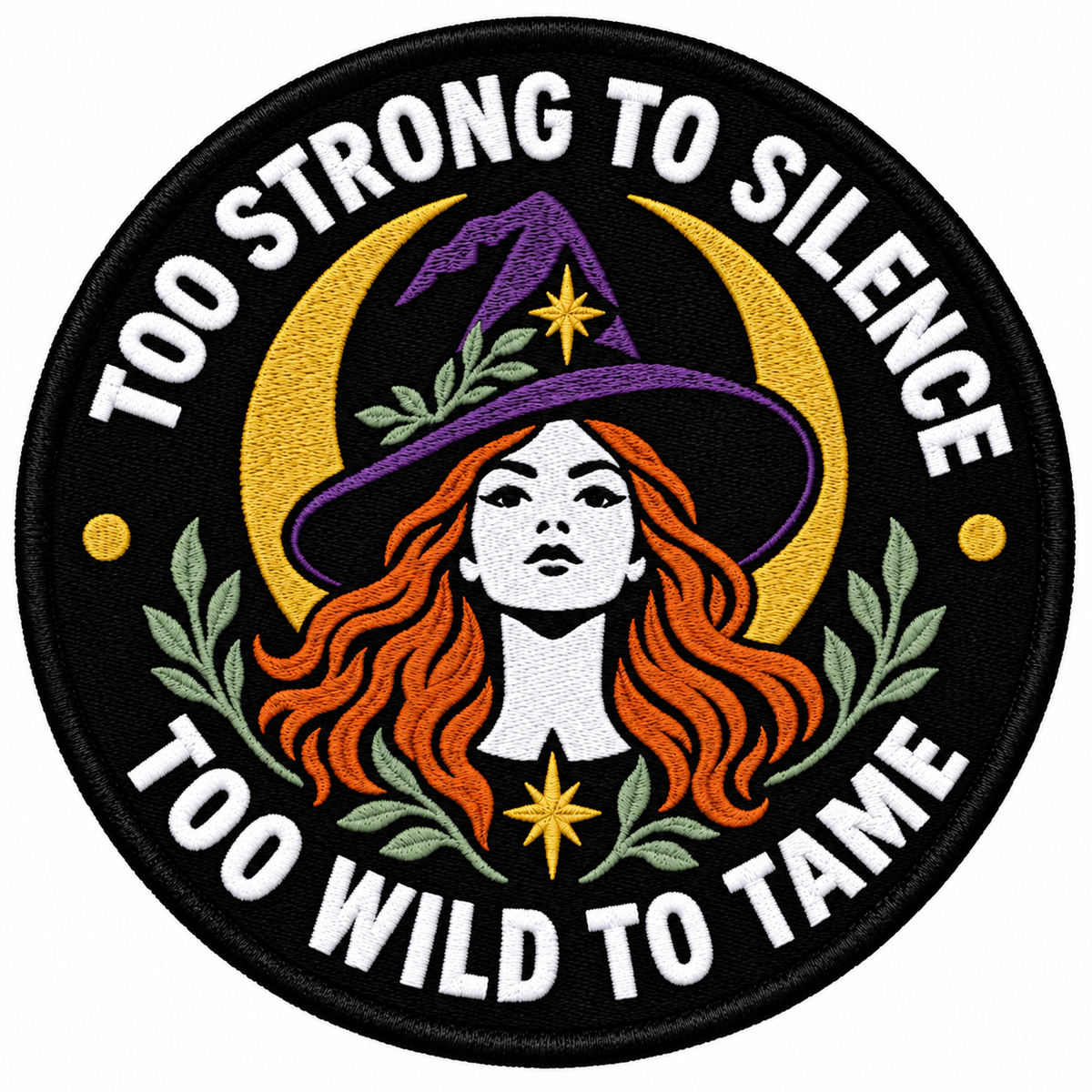 Too Strong to Silence 80mm circular embroidered patch with white lettering