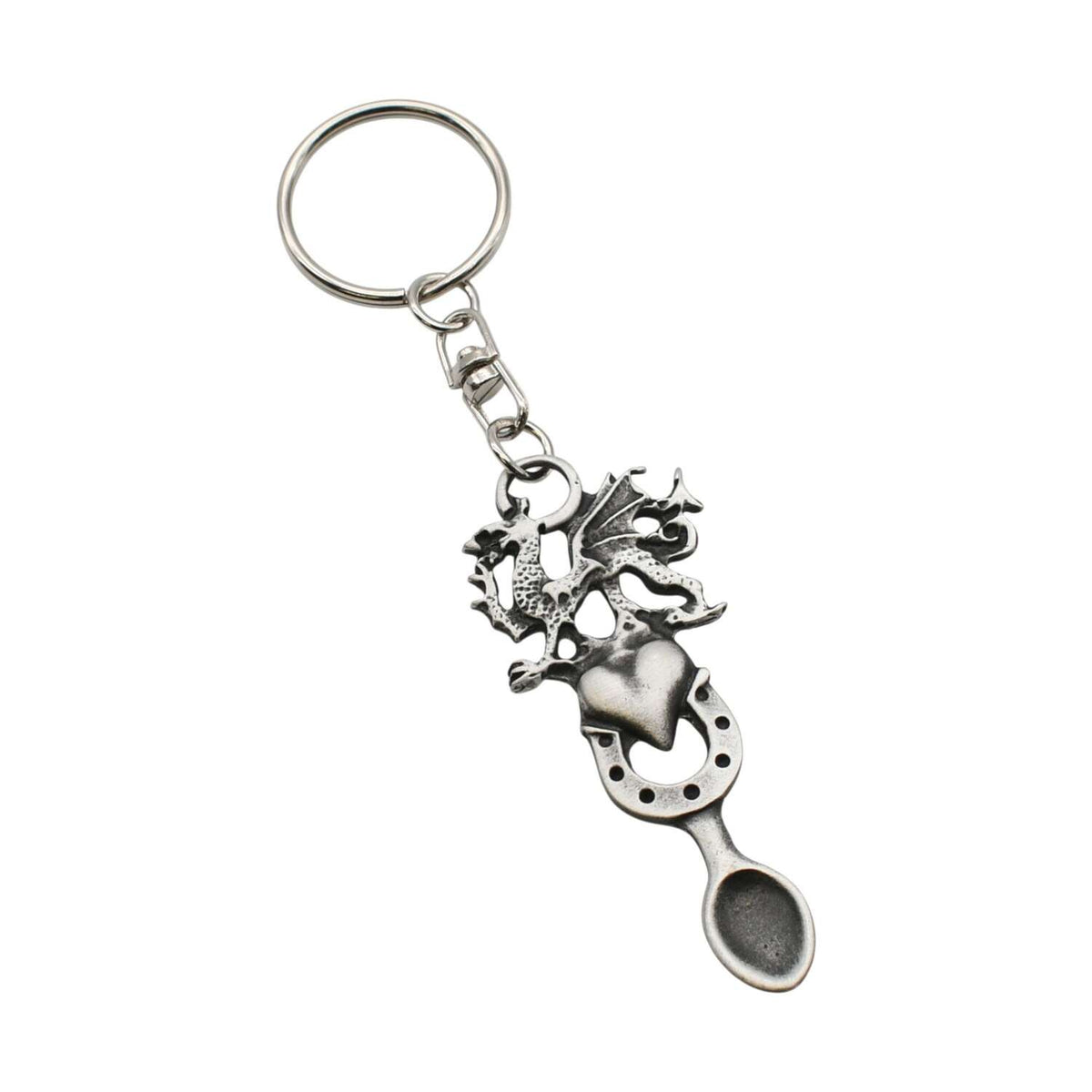 Welsh dragon heart horseshoe lovespoon pewter keyring