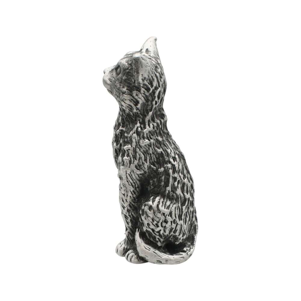 English-made tall cat pewter figurine ornament, side view showing sitting posture and curled tail